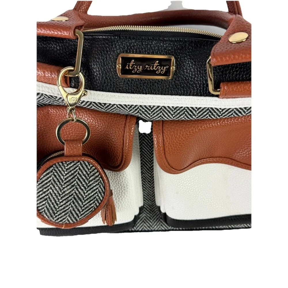 Itzy Ritzy Triple Threat Convertible Diaper Bag Coffee Cream Herringbone EUC